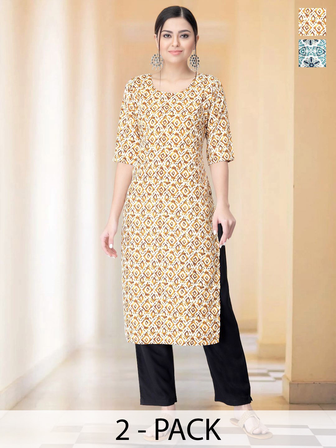 

7Threads Selection Of 2 Ethnic Motifs Printed Round Neck Straight kurta With Trousers, Brown