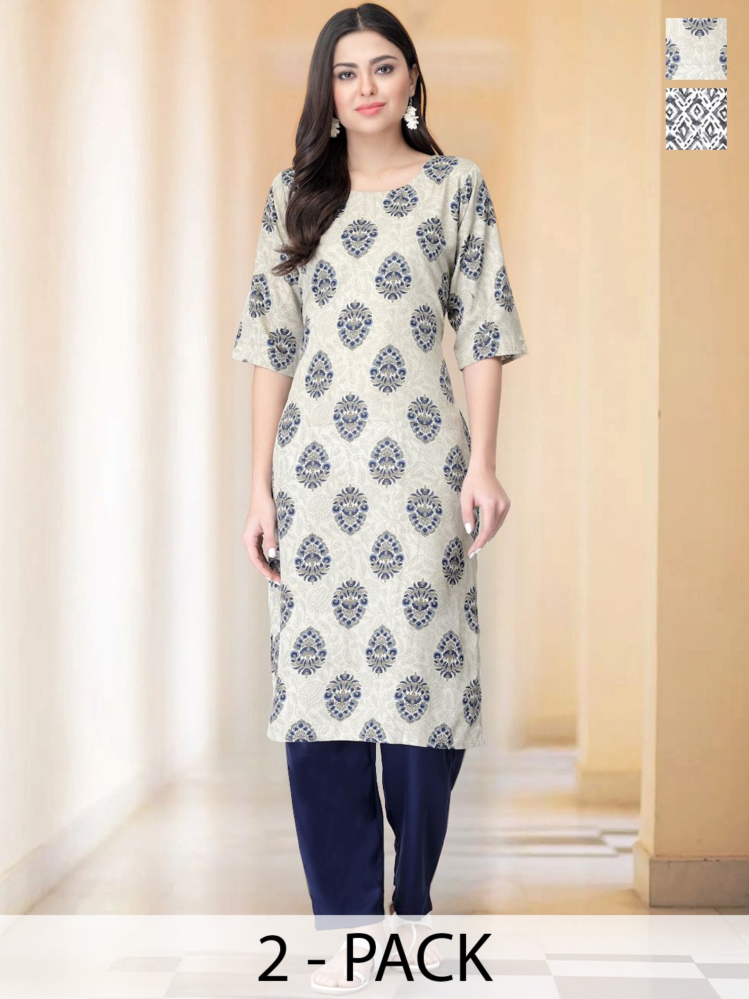 

7Threads Selection Of 2 Floral Printed Straight Kurtas with Trousers, Cream
