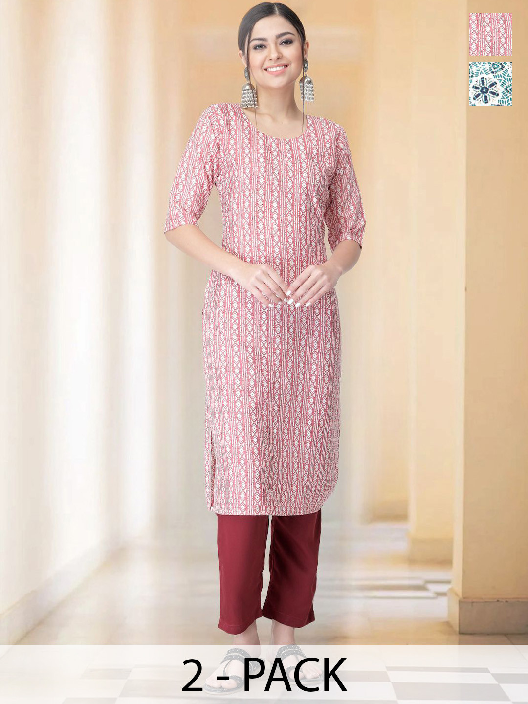 

7Threads Selection Of 2 Ethnic Motifs Printed Round Neck Straight Kurta With Trousers, White
