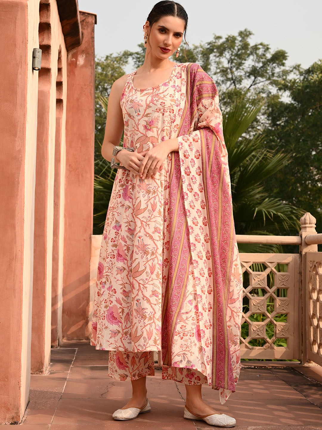 

filora Floral Printed Panelled Pure Cotton Anarkali Kurta With Palazzos And Dupatta, Beige