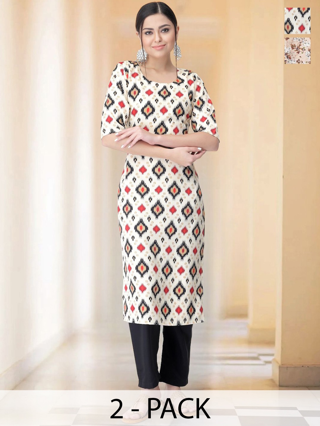 

7Threads Selection Of 2 Ethnic Motifs Printed Straight Kurtas With Trousers, White