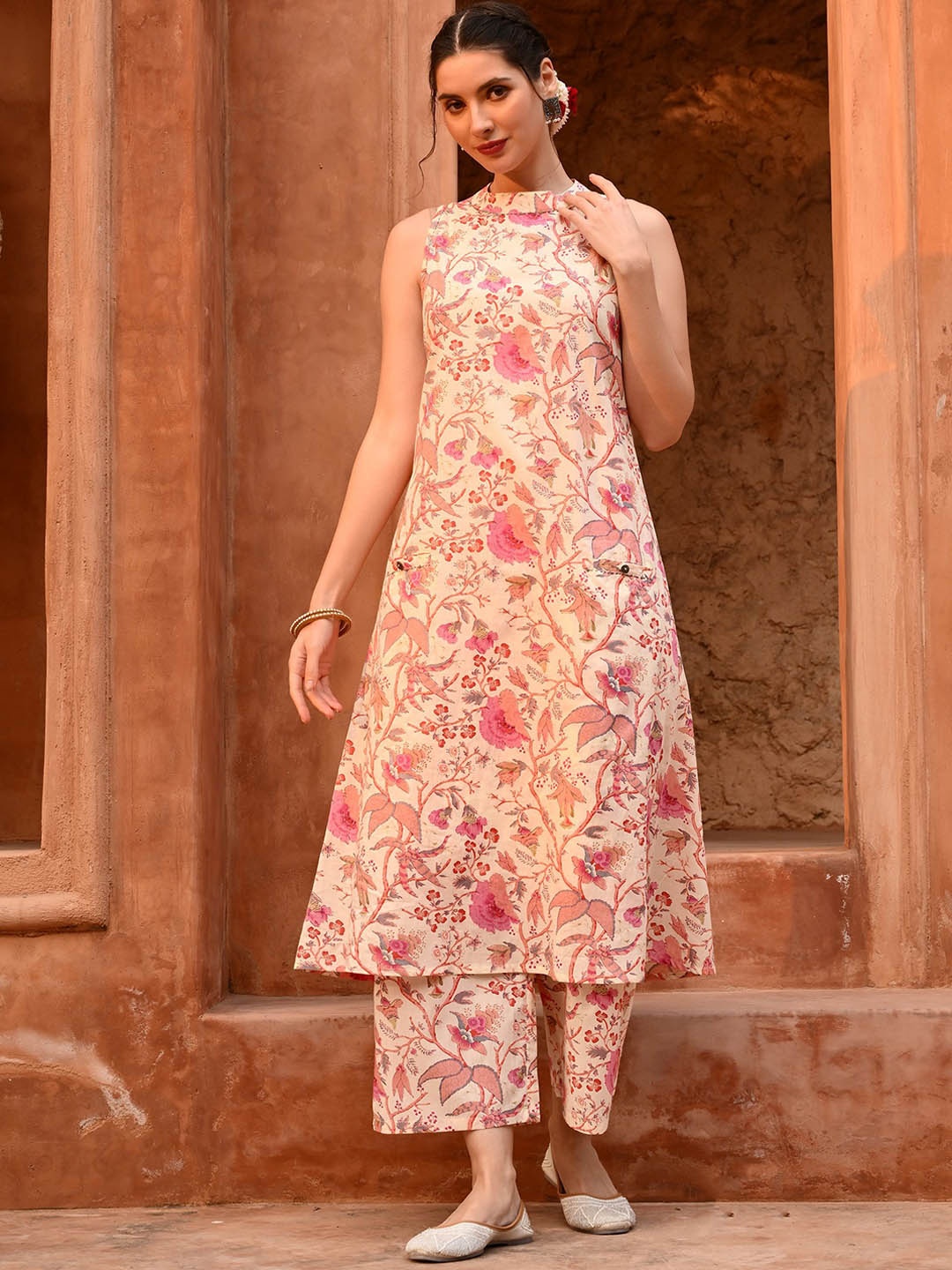 

filora Floral Printed Sequinned Pure Cotton A-Line Kurta With Palazzo, Beige