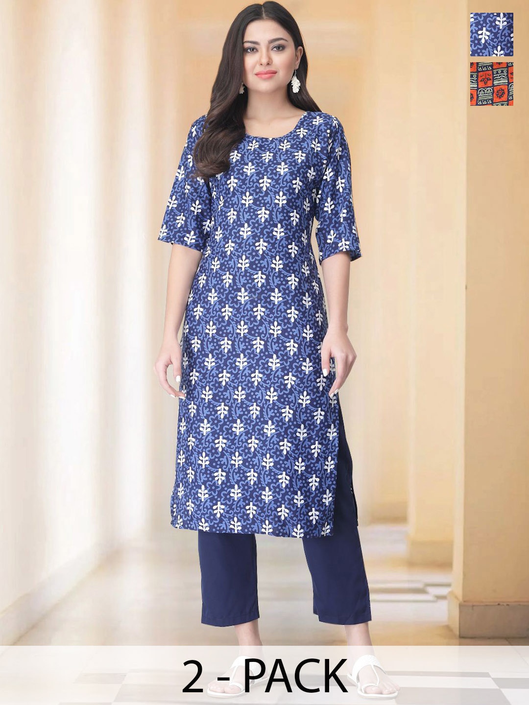 

7Threads Selection Of 2 Floral Printed Round Neck Straight Kurtas with Trousers, Blue