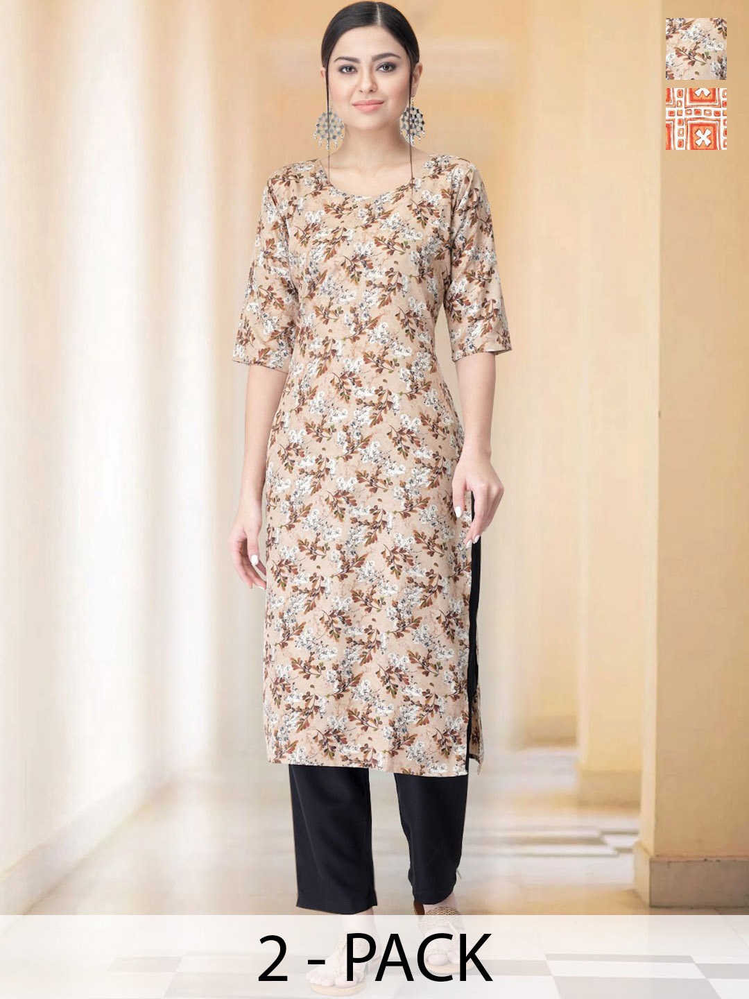 

7Threads Selection Of 2 Floral Printed Round Neck Straight Kurtas With Trousers, Beige