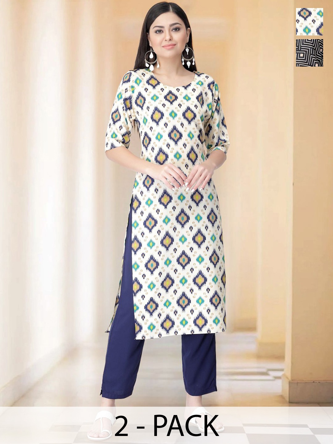 

7Threads Selection of 2 Geometric Printed Round Neck Straight Kurtas With Trousers, Off white