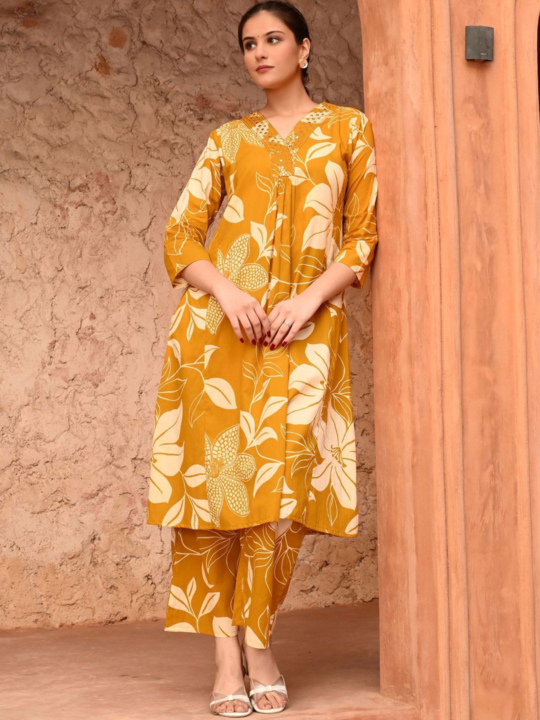 

filora Floral Printed V-Neck Pleated Sequinned Pure Cotton A-Line Kurta With Palazzo, Mustard