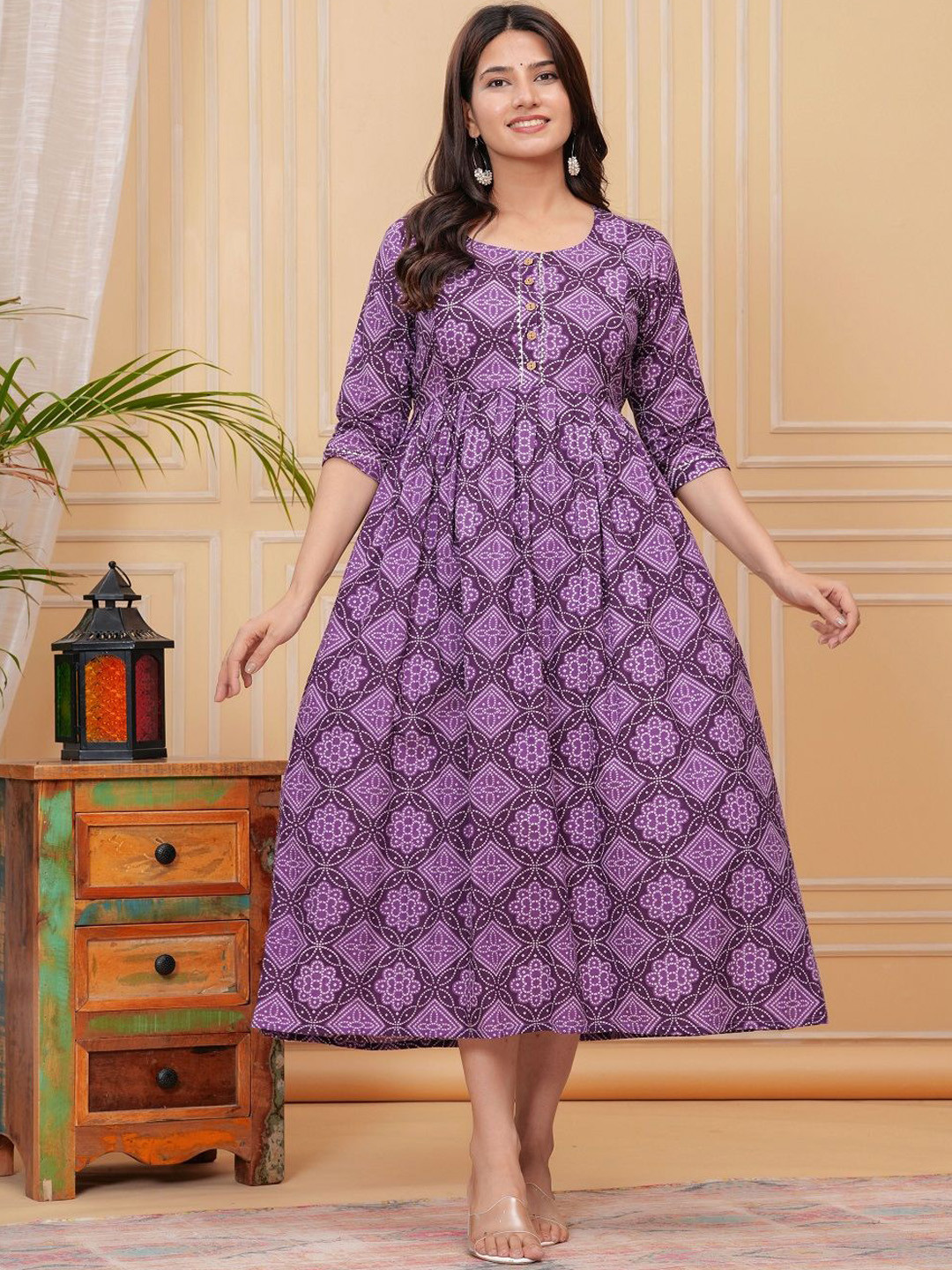 

Nevisha Style Ethnic Motifs Printed Round Neck Maternity Cotton Fit and Flare Dress, Purple