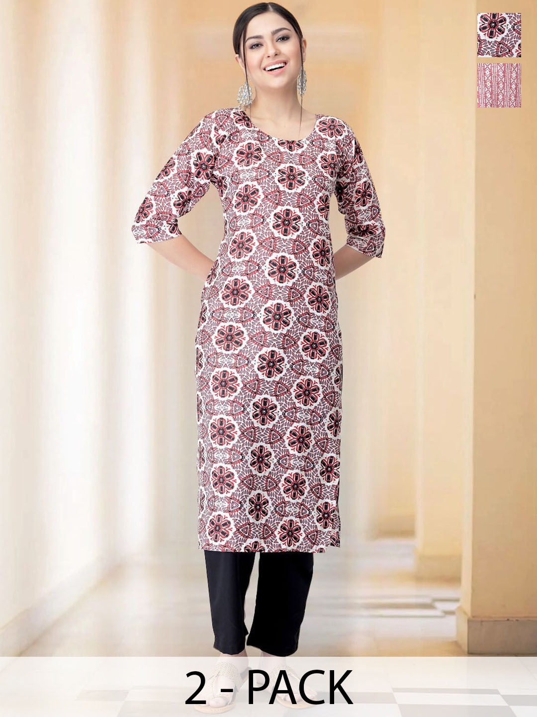 

7Threads Selection Of 2 Floral Printed Round Neck Straight Kurta With Trousers, Pink
