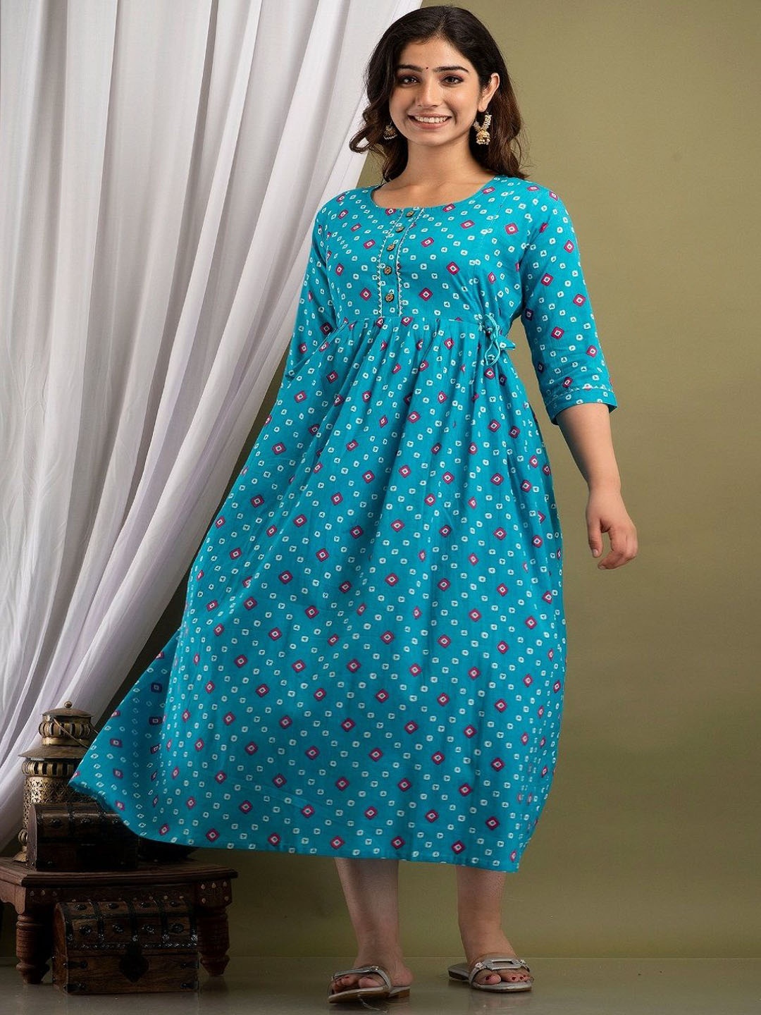 

Nevisha Style Geometric Printed Round Neck Maternity Cotton Fit and Flare Dress, Blue
