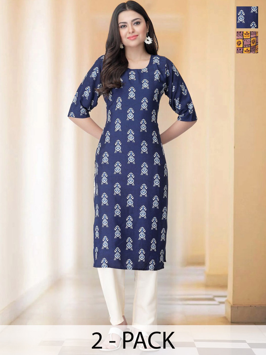 

7Threads Selection Of 2 Ethnic Motifs Printed Round Neck Straight Kurtas With Trousers, Navy blue
