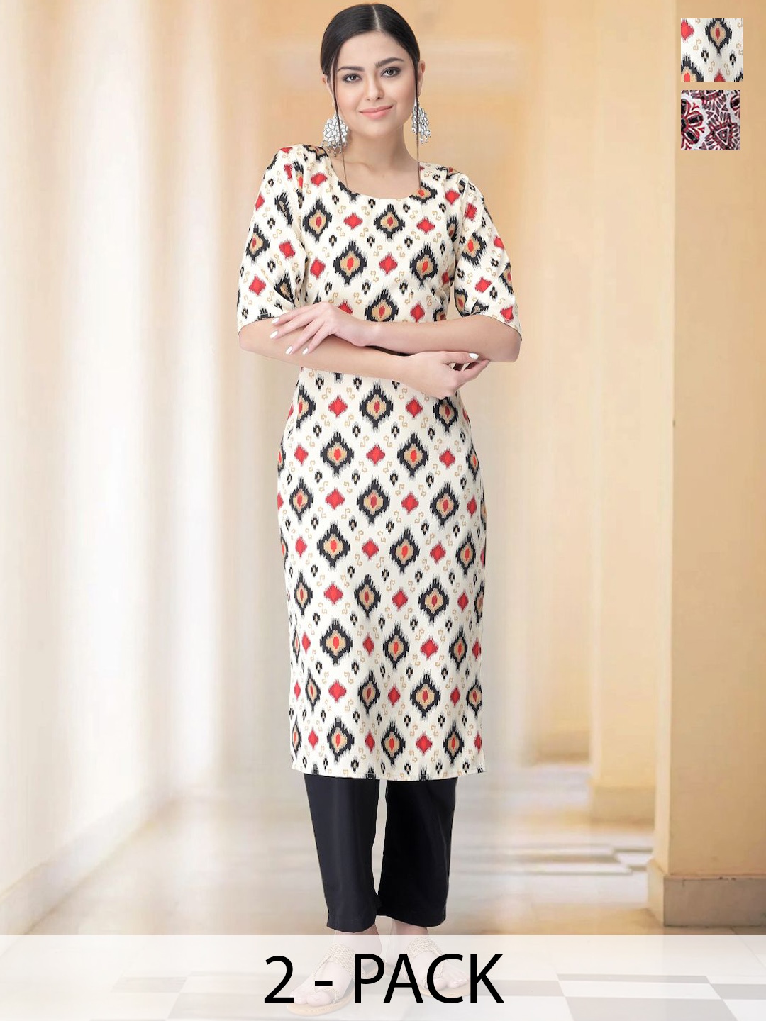 

7Threads Selection Of 2 Ethnic Motifs Printed Straight Kurtas With Trousers, Beige