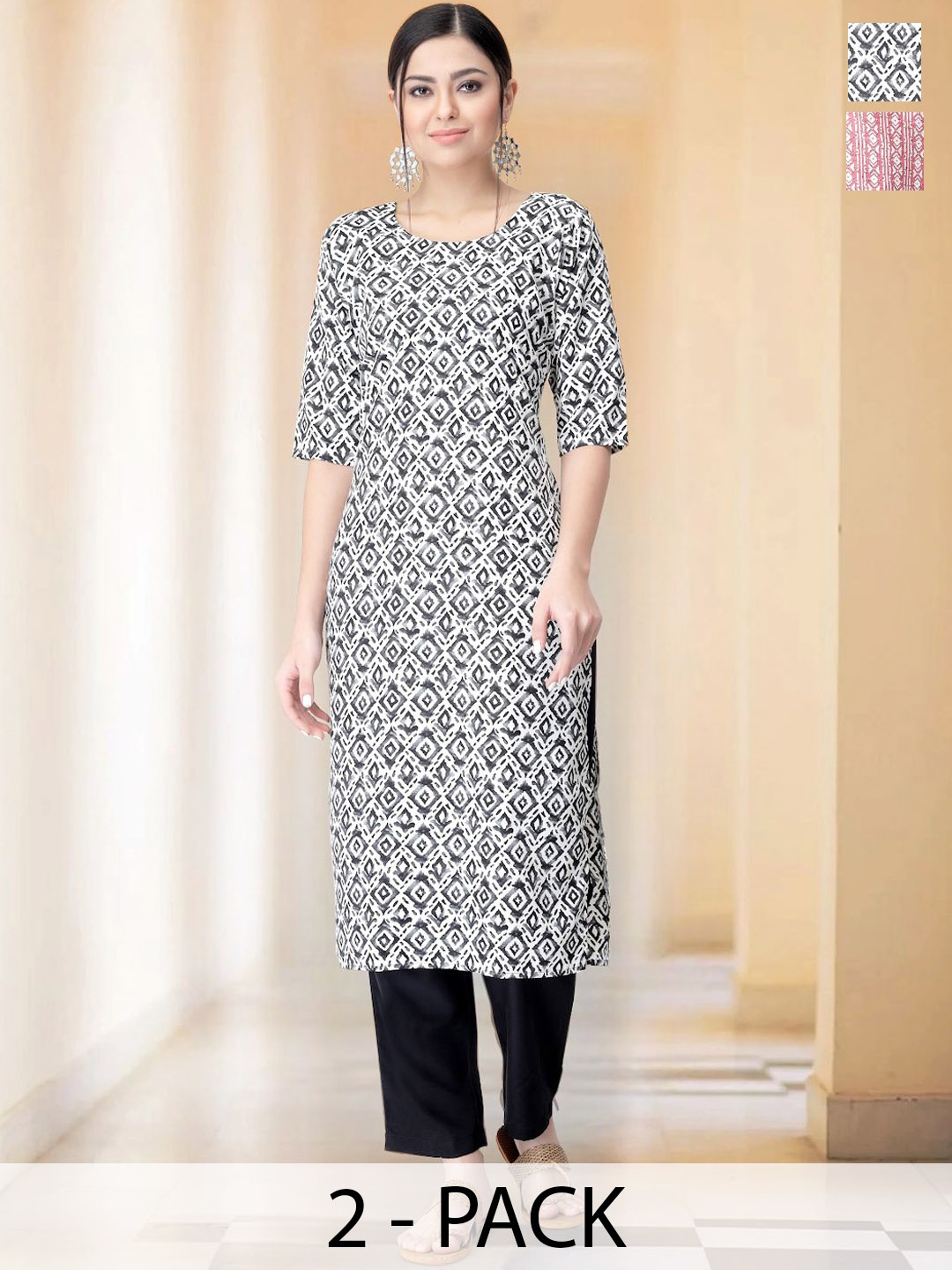 

7Threads Selection Of 2 Geometric Printed Round Neck Straight Kurtas With Trousers, Black