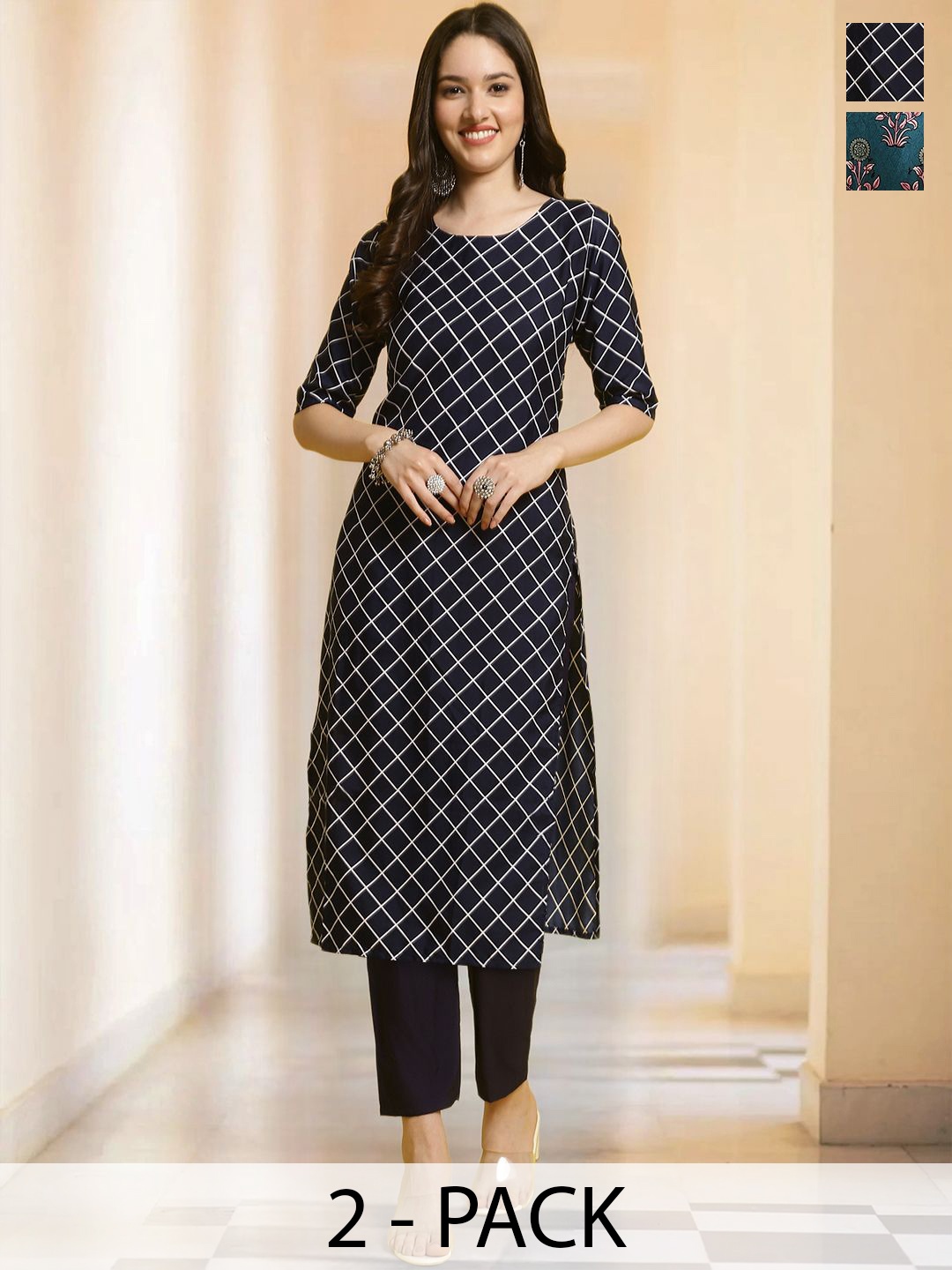 

7Threads Selection Of 2 Checked Round Neck Straight Kurtas With Trousers, Blue