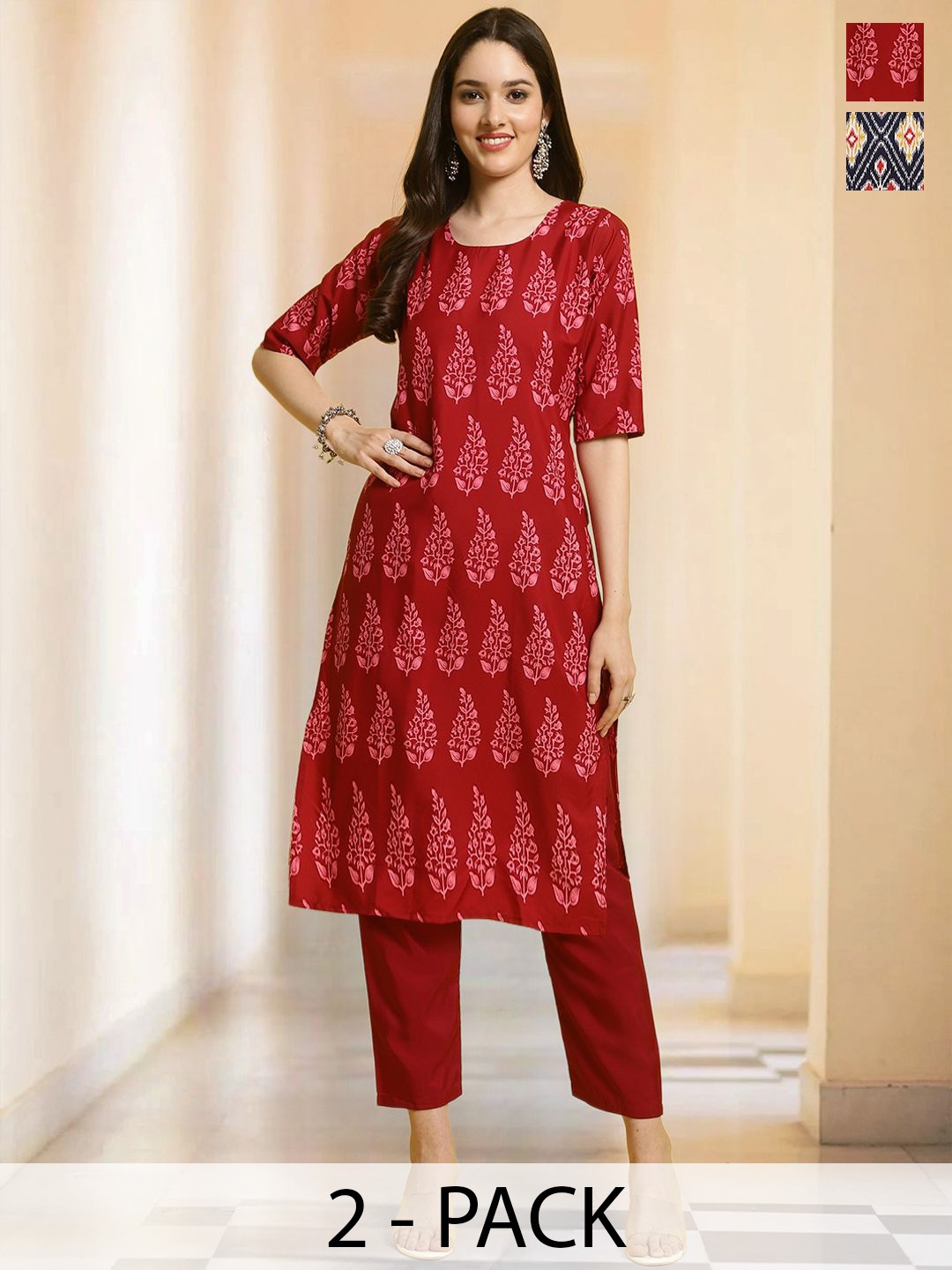 

7Threads Selection of 2 Floral Printed Round Neck Straight Kurtas with Trousers, Red