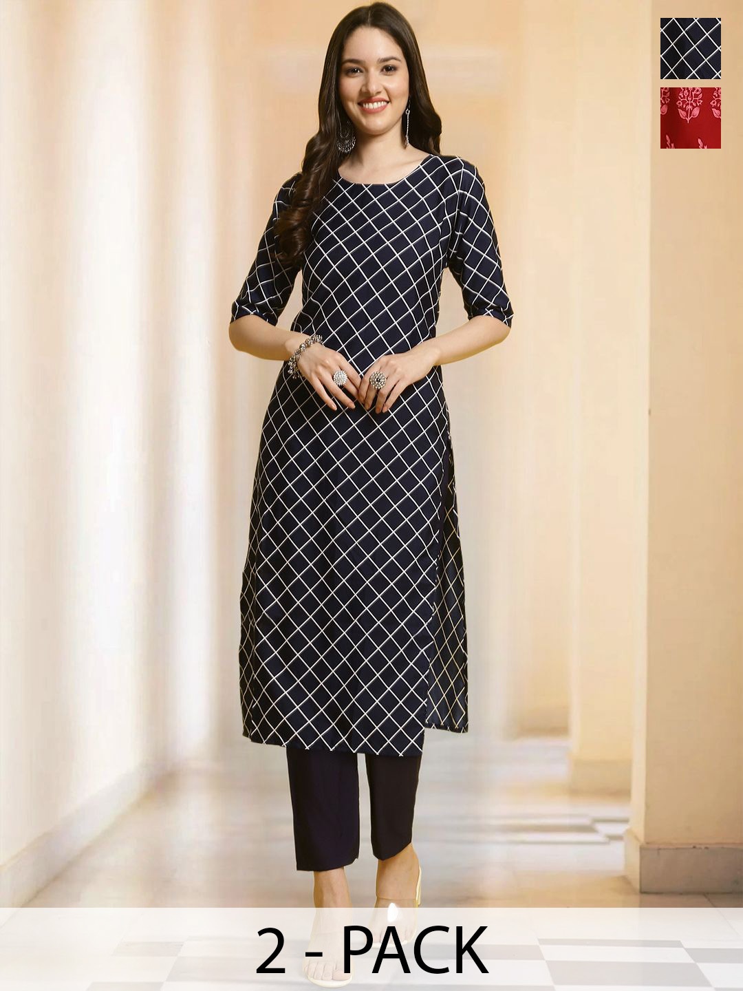 

7Threads Selection of 2 Checked Round Neck Straight Kurtas With Trousers, Black