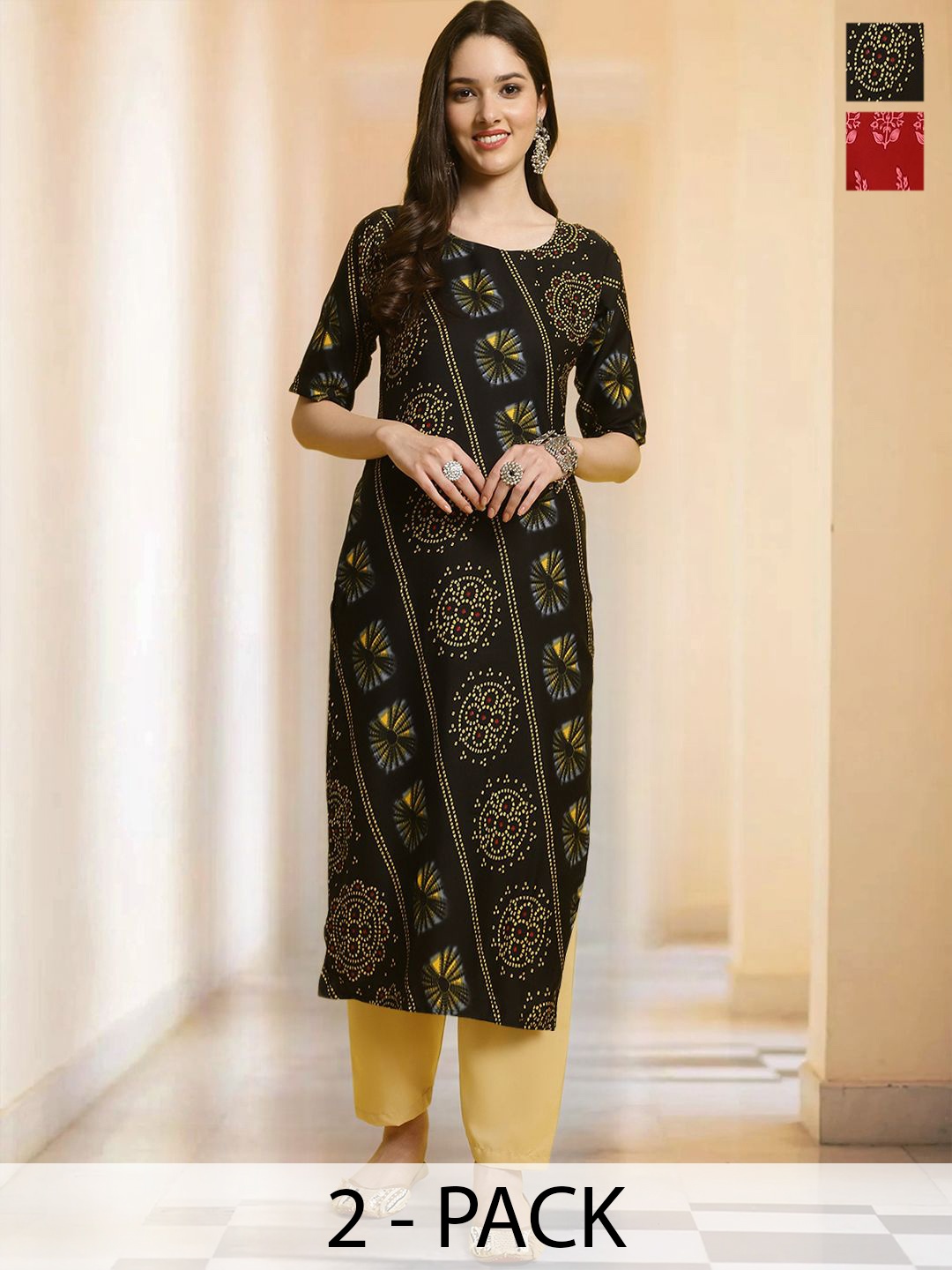 

7Threads Selection Of 2 Ethnic Motifs Printed Round Neck Straight Kurta With Trousers, Red