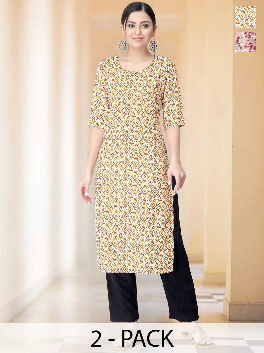 

7Threads Selection Of 2 Ethnic Motifs Printed Straight Kurtas With Trousers, Mustard