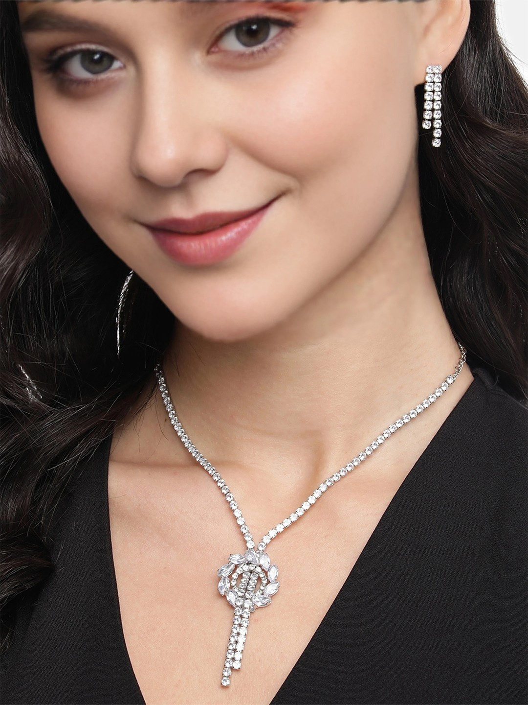 

ORANGENYSHA Rhodium-Plated Crystal & American Diamond Stone-Studded Jewellery Set, Silver
