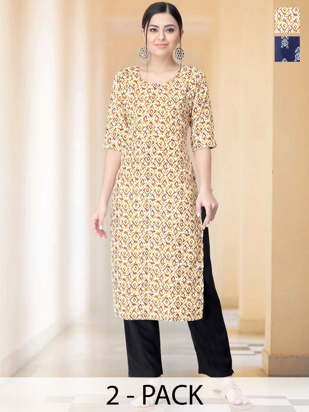 

7Threads Selection Of 2 Ethnic Motifs Printed Round Neck Straight Kurtas With Trousers, Yellow