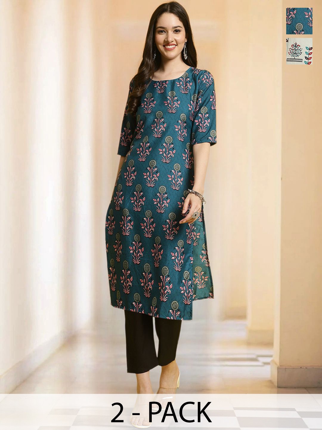 

7Threads Selection Of 2 Floral Printed Round Neck Straight Kurta with Trousers, Navy blue