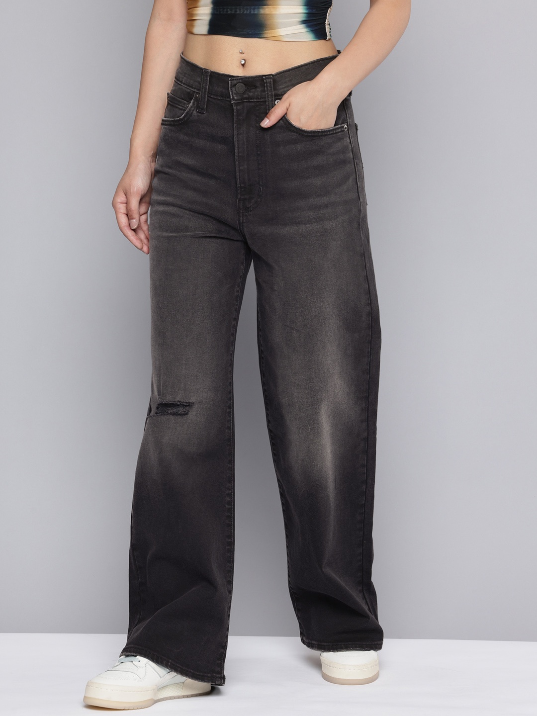 

Levis Women Straight Fit Mildly Distressed Stretchable Jeans, Black