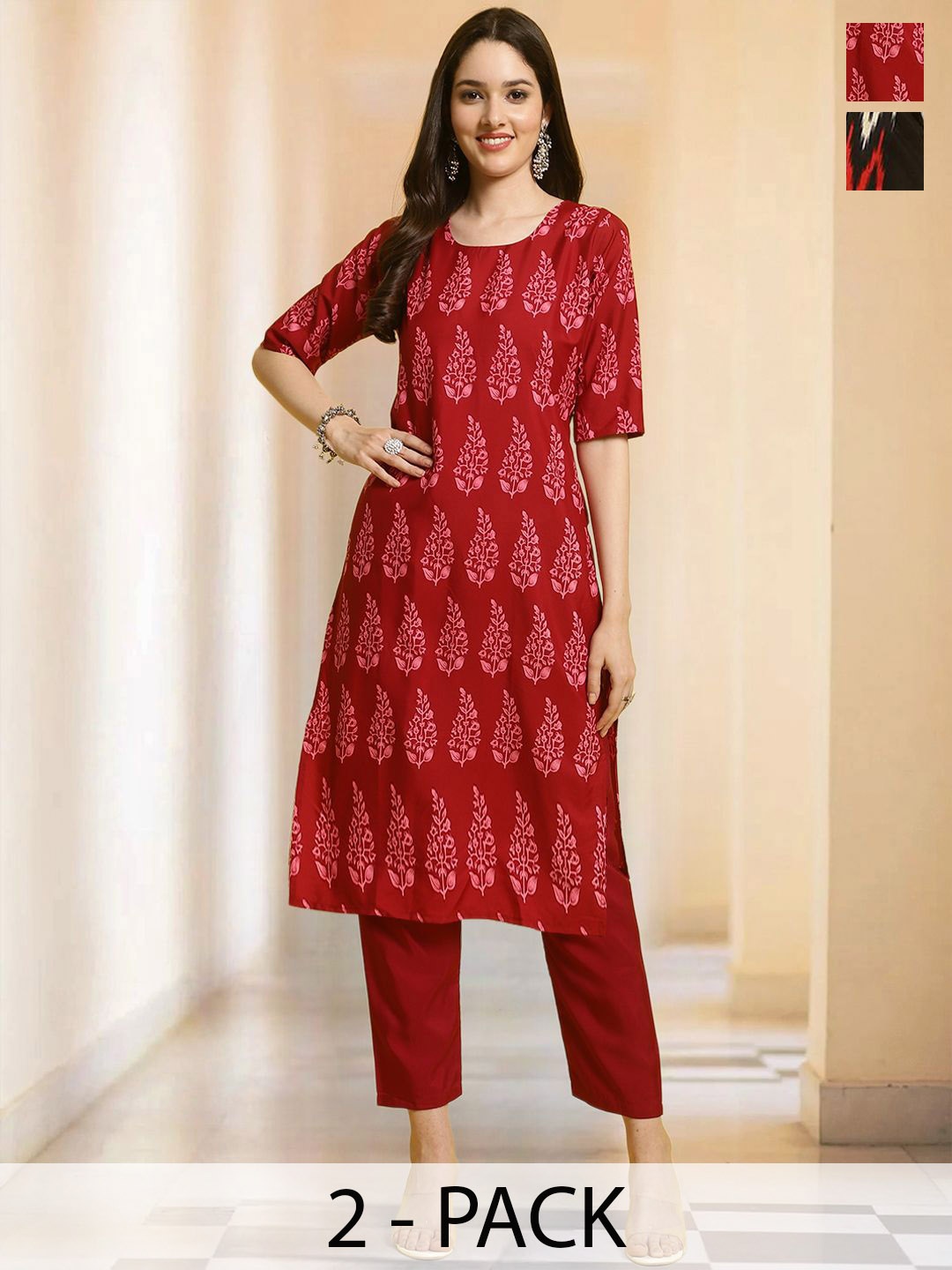

7Threads Selection of 2 Floral Printed Round Neck Straight Kurtas with Trousers, Red