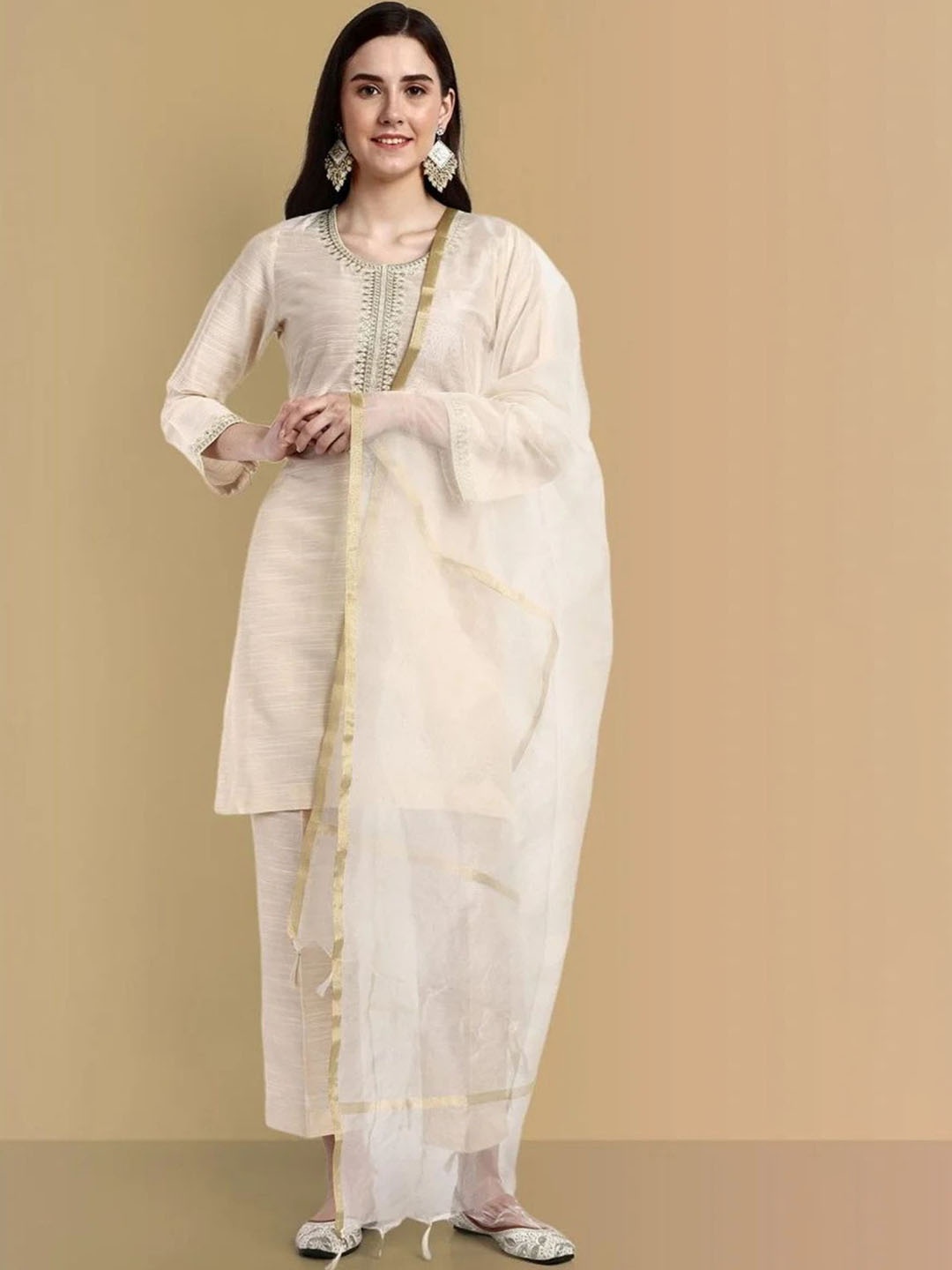 

Mera Rang Women Embroidered Regular Kurta with Trousers & With Dupatta, Off white