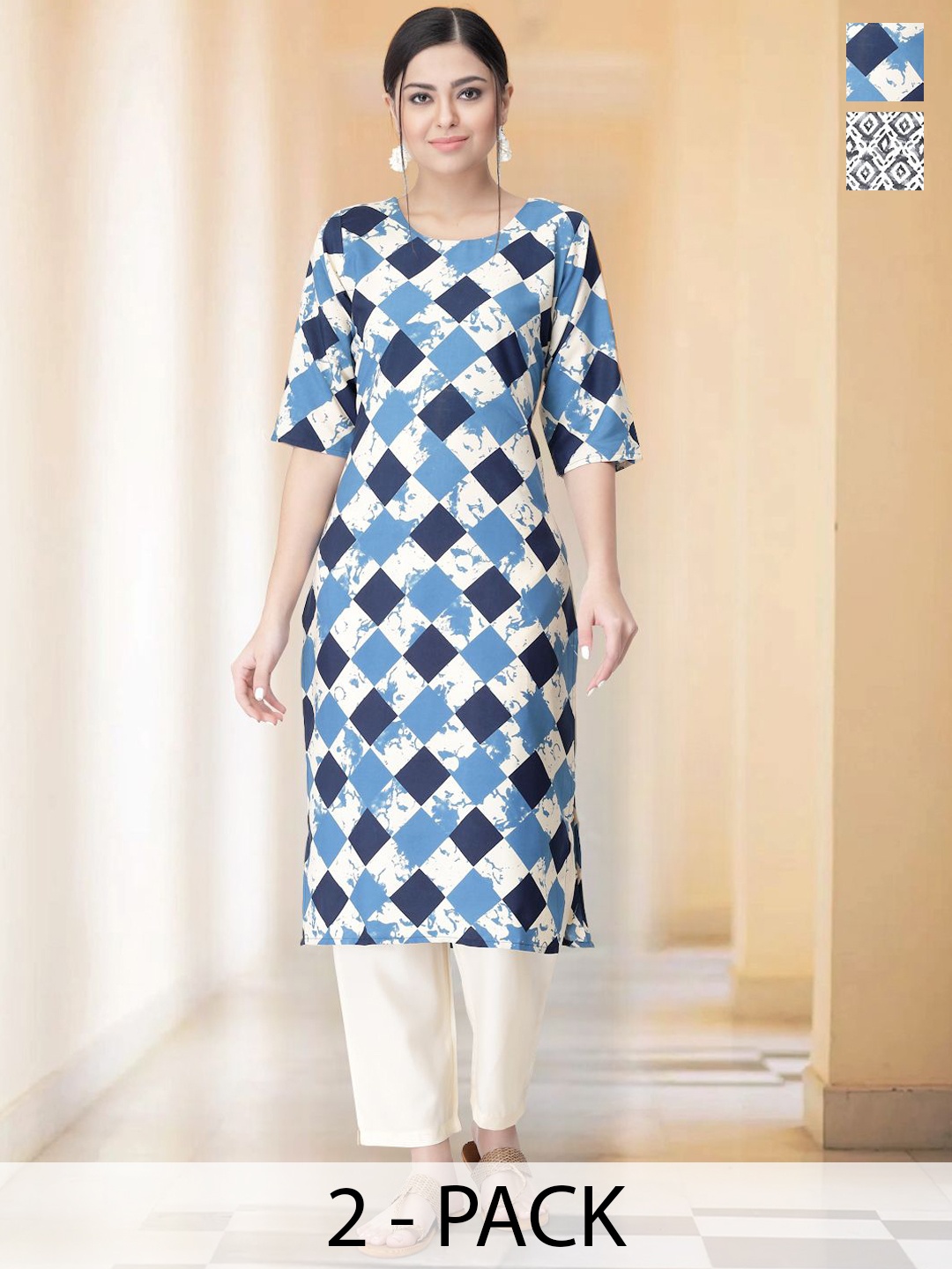 

7Threads Selection of 2 Geometric Printed Round Neck Straight Kurtas With Trousers, Navy blue