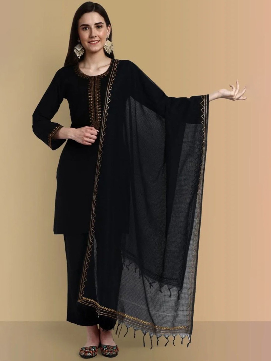 

Mera Rang Floral Embroidered Zari Cotton Silk Straight Kurta with Trousers & With Dupatta, Black