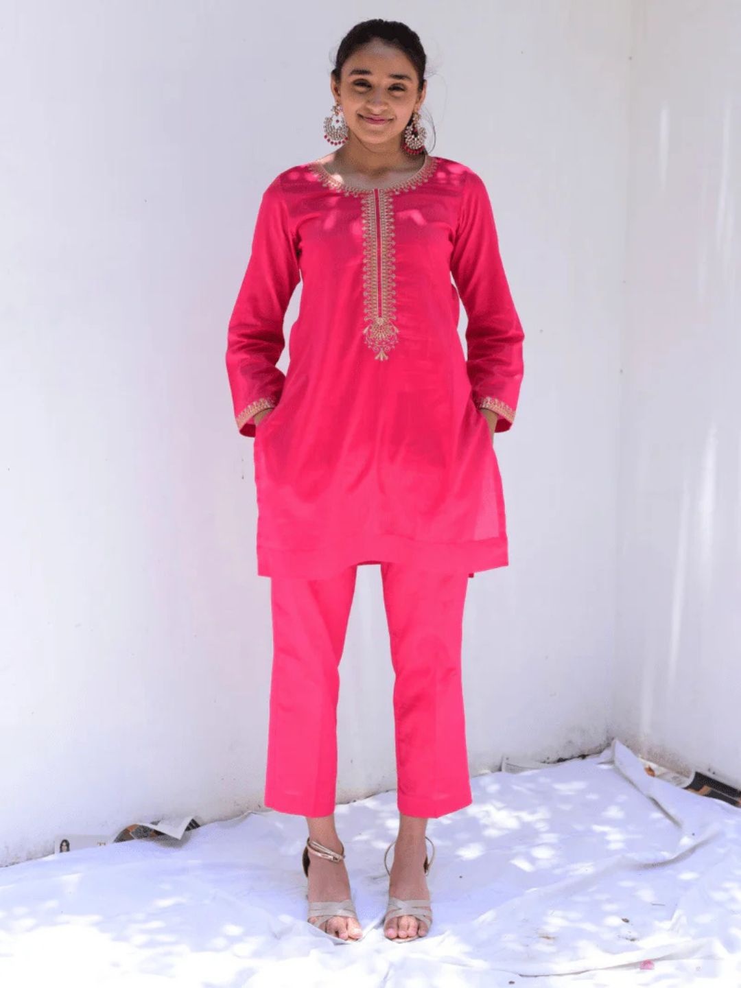 

Mera Rang Embroidered Pure Cotton Tunic With Trousers, Pink