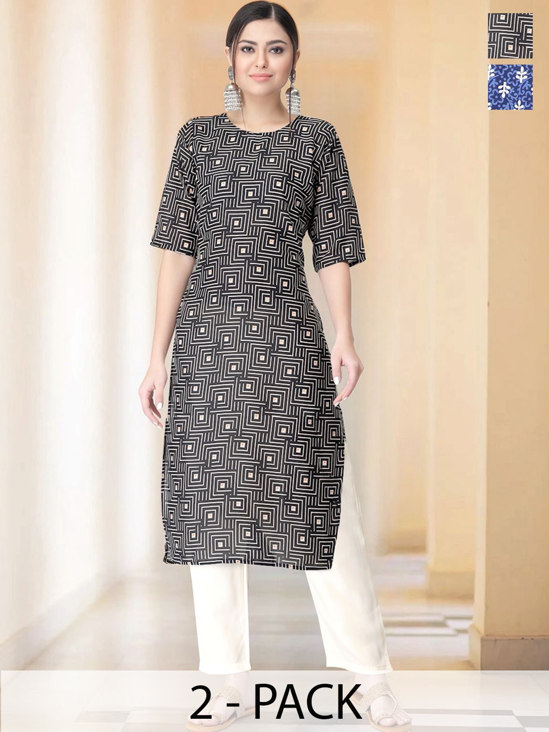 

7Threads Selection Of 2 Geometric Printed Round Neck Straight Kurtas With Trousers, Black