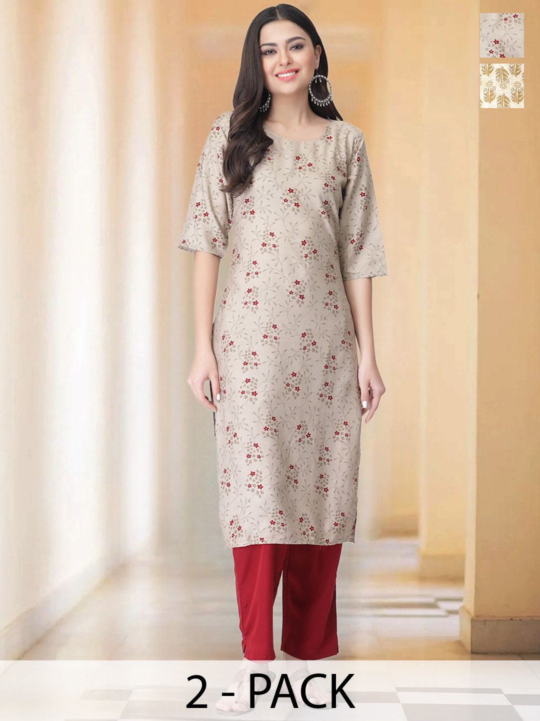 

7Threads Selection Of 2 Floral Printed Round Neck Straight Kurta With Trousers, Cream