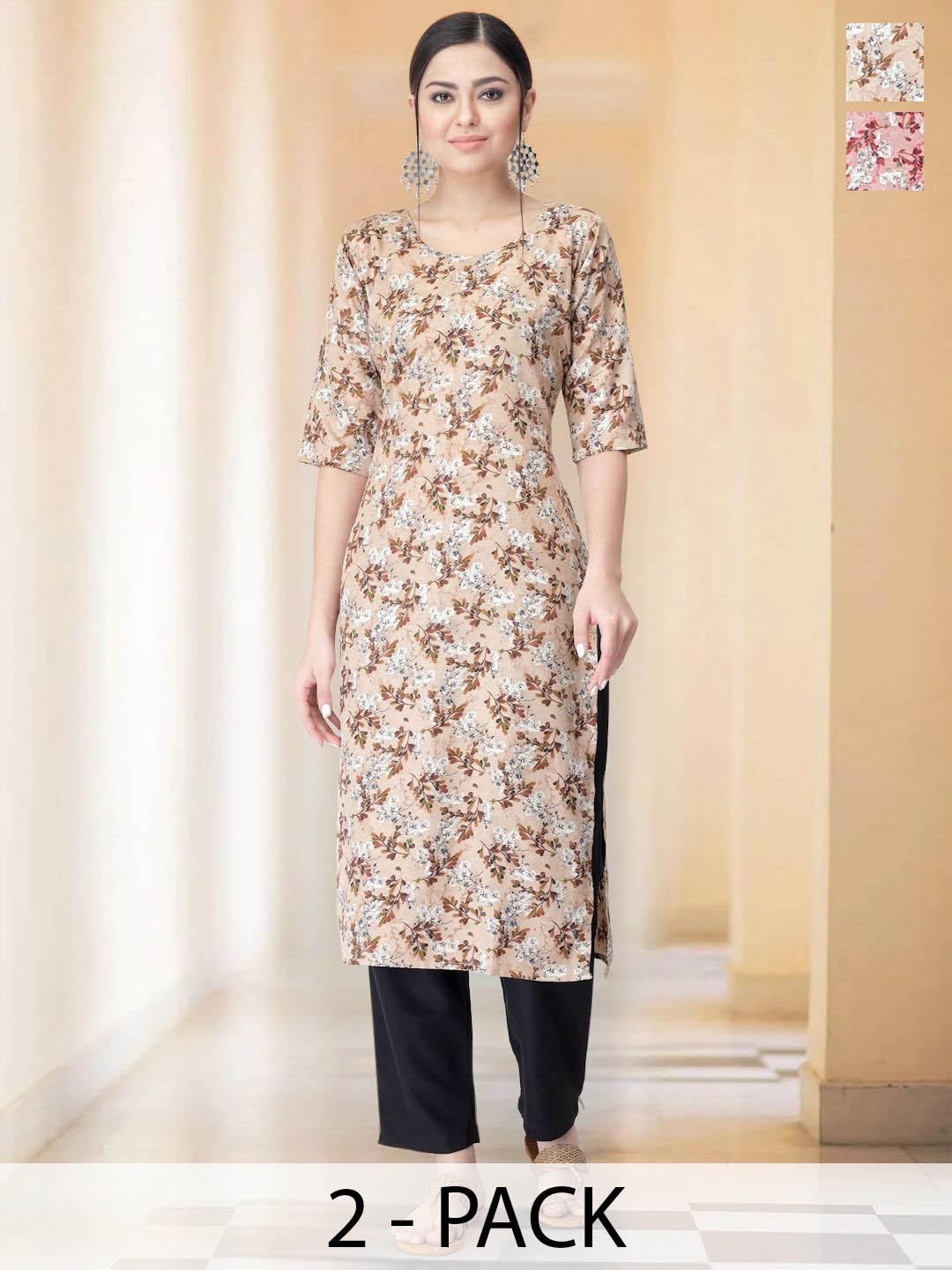 

7Threads Selection Of 2 Floral Printed Round Neck Straight Kurtas With Trousers, Beige
