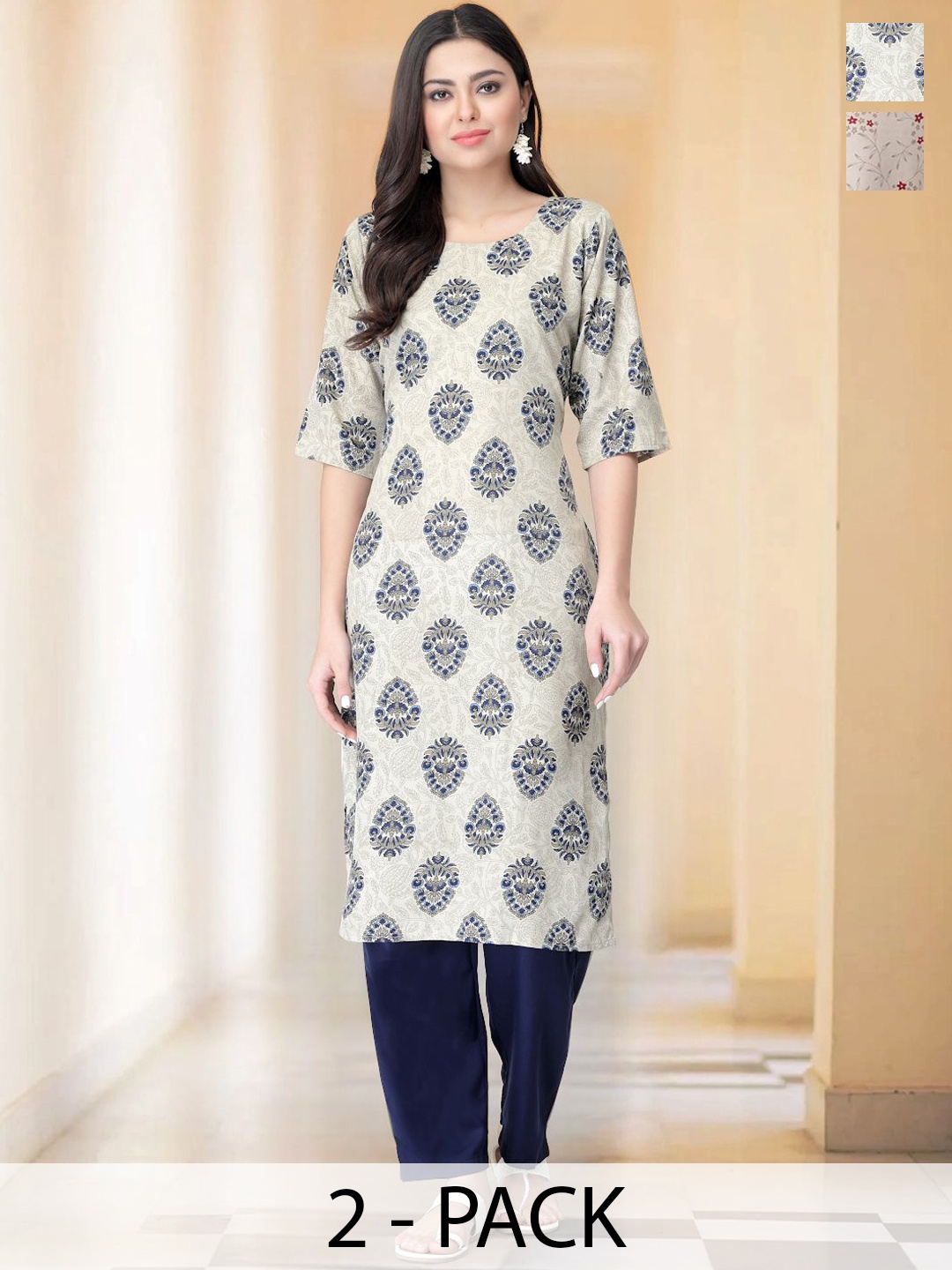 

7Threads Selection Of 2 Ethnic Motifs Printed Round Neck Straight Kurtas With Trousers, Grey