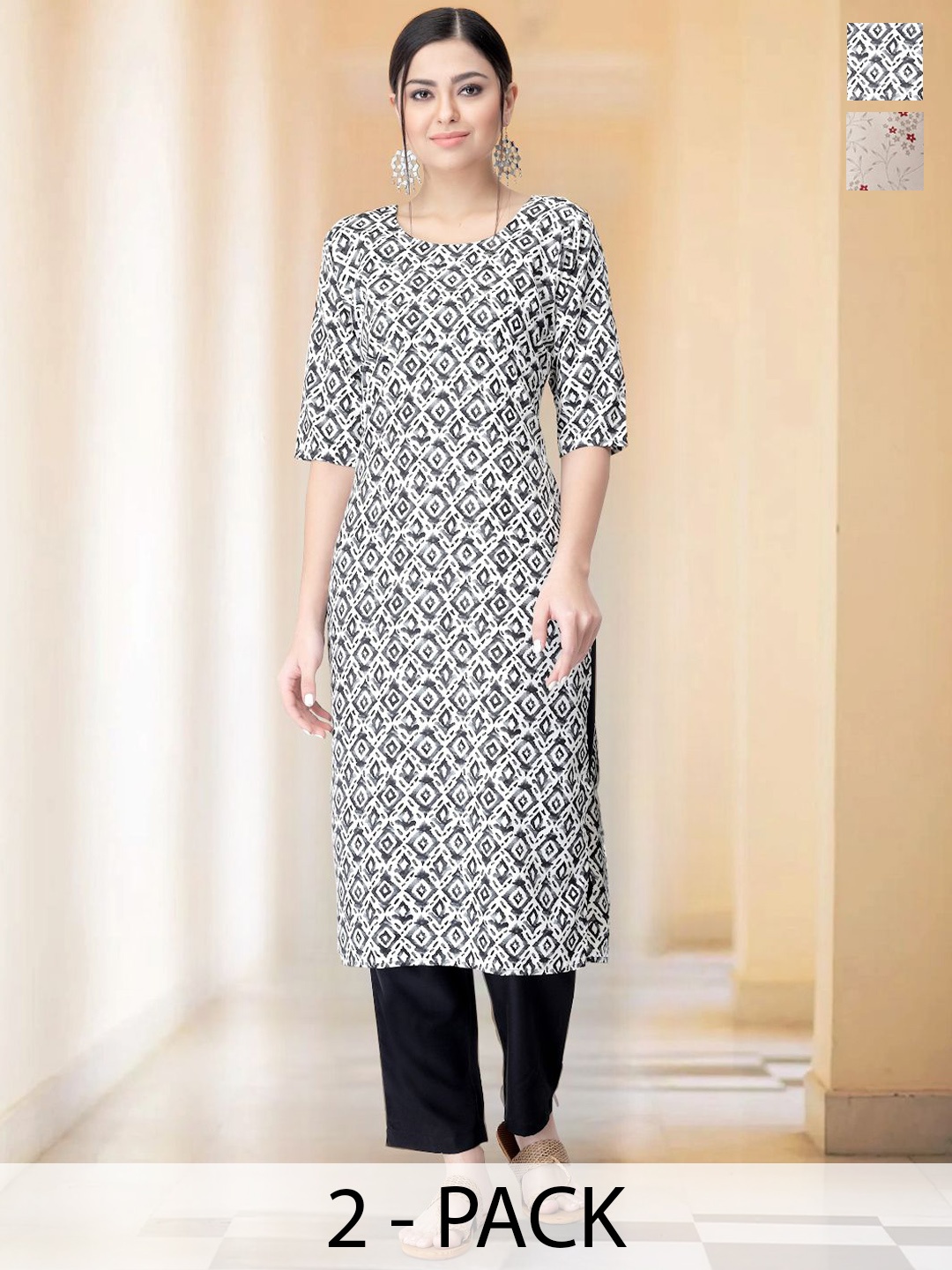 

7Threads Selection Of 2 Geometric Printed Round Neck Straight Kurtas With Trousers, Black