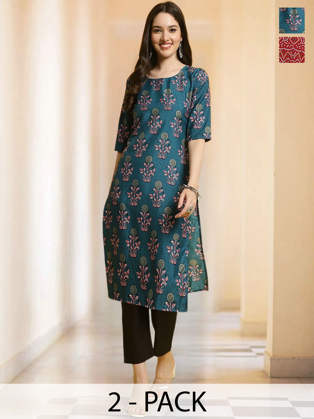 

7Threads Selection Of 2Floral Printed Round Neck Straight Kurta with Trousers, Teal