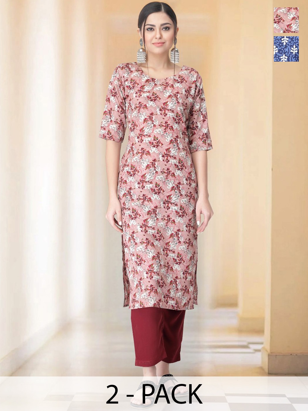 

7Threads Selection Of 2 Floral Printed Round Neck Straight Kurtas With Trousers, Red