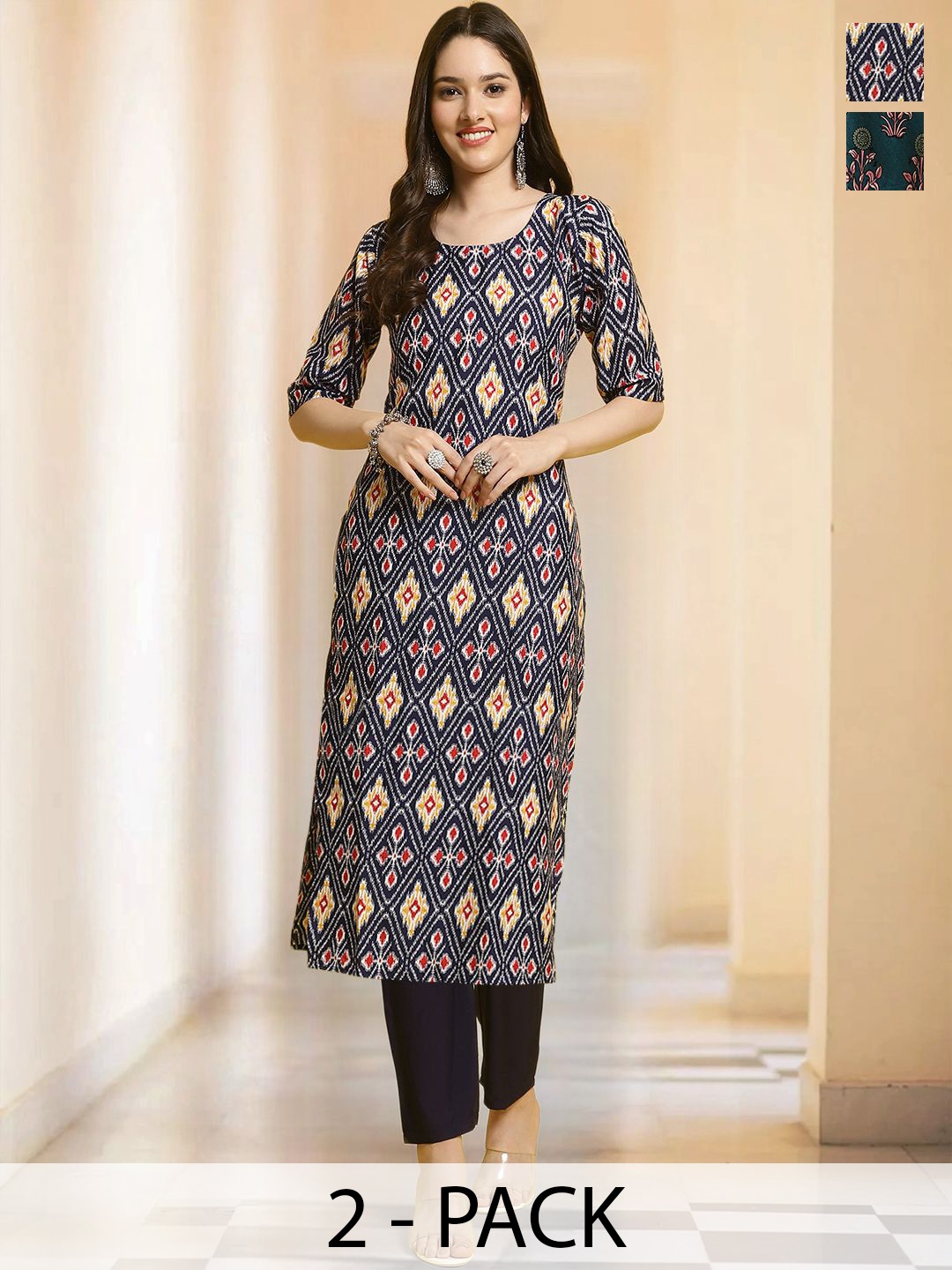 

7Threads Selection Of 2 Ethnic Motifs Printed Round Neck Straight Kurta With Trousers, Black