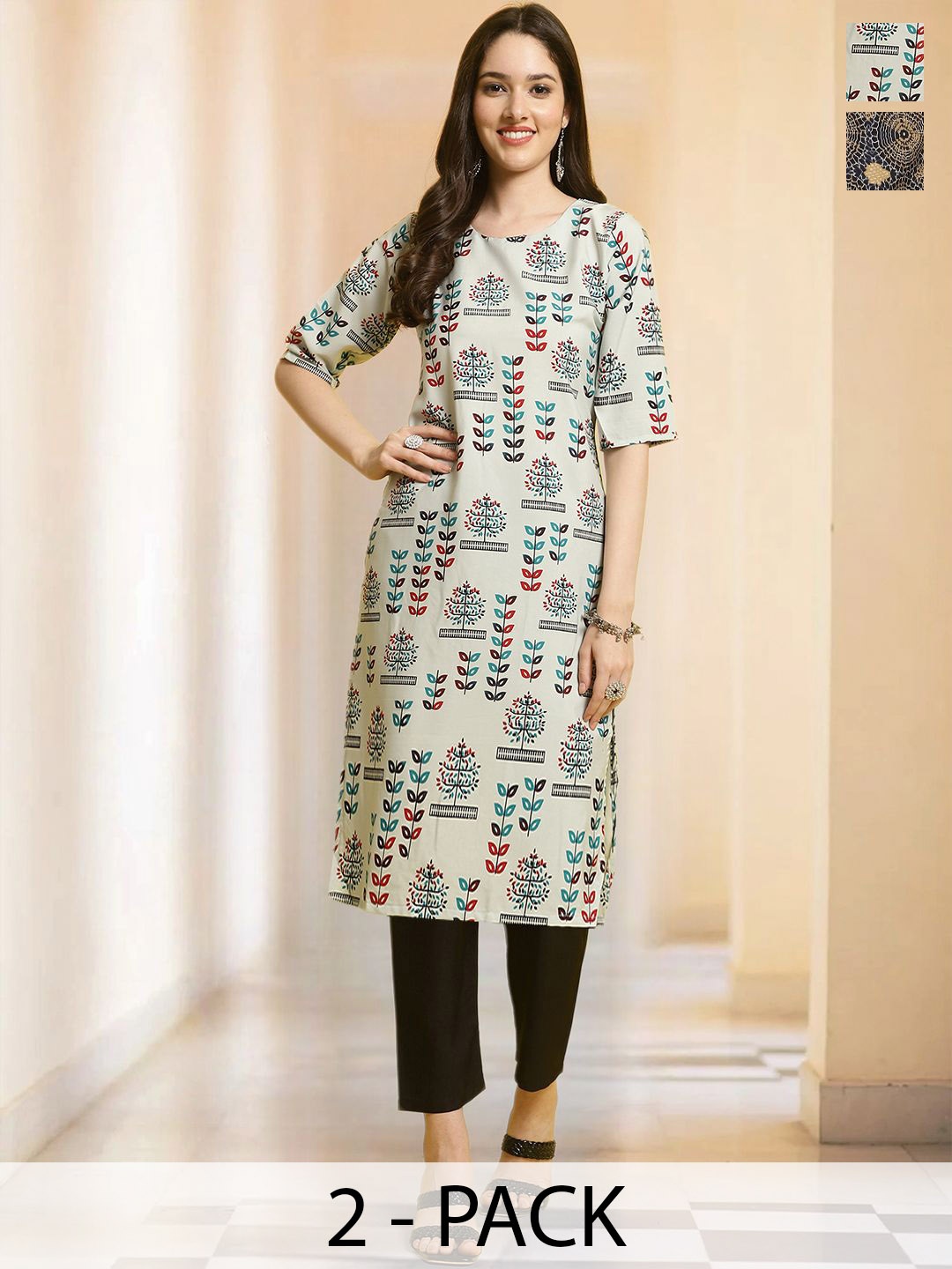 

7Threads Women Ethnic Motifs Printed Regular Kurta with Trousers, Navy blue