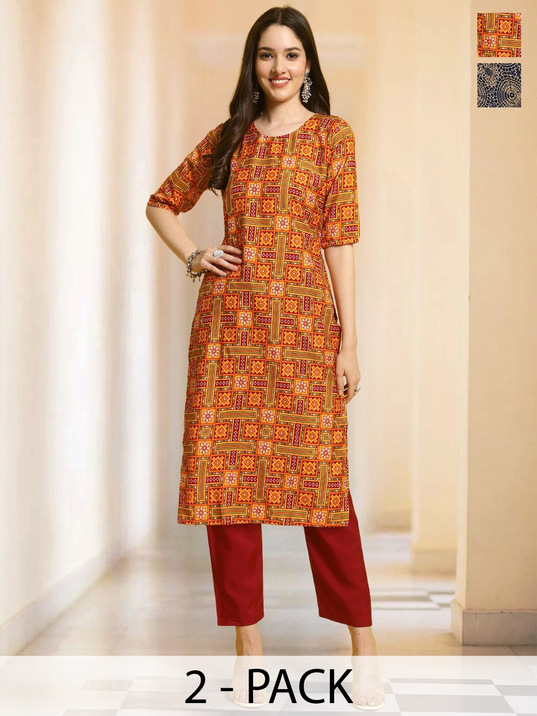 

7Threads Selection Of 2 Ethnic Motifs Printed Round Neck Straight Kurtas With Trousers, Orange