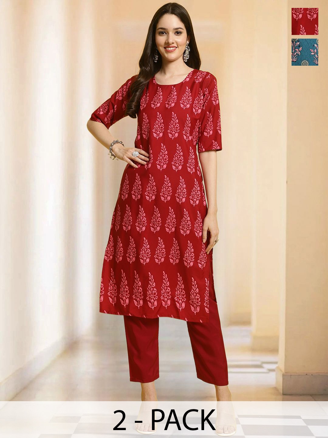 

7Threads Selection Of 2 Floral Printed Round Neck Straight Kurtas With Trousers, Red