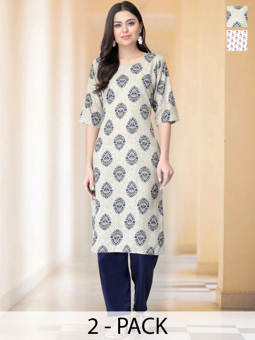 

7Threads Selection Of 2 Ethnic Motifs Printed Round Neck Straight Kurtas With Trousers, White