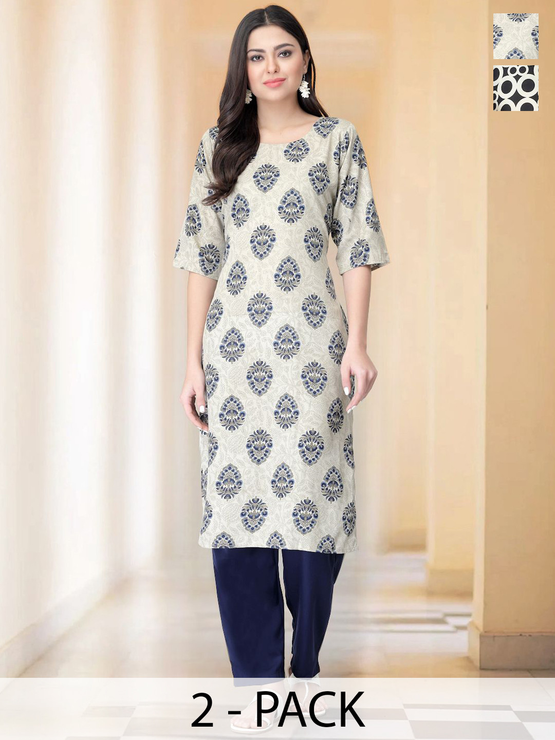 

7Threads Selection Of 2 Floral Printed Round Neck Straight Kurta With Trousers, Beige