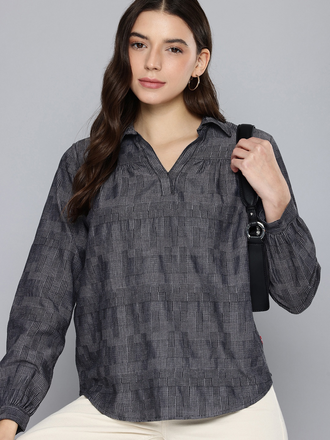 

Levis Pure Cotton Textured Shirt Collar Cuffed Sleeves A-Line Top, Charcoal