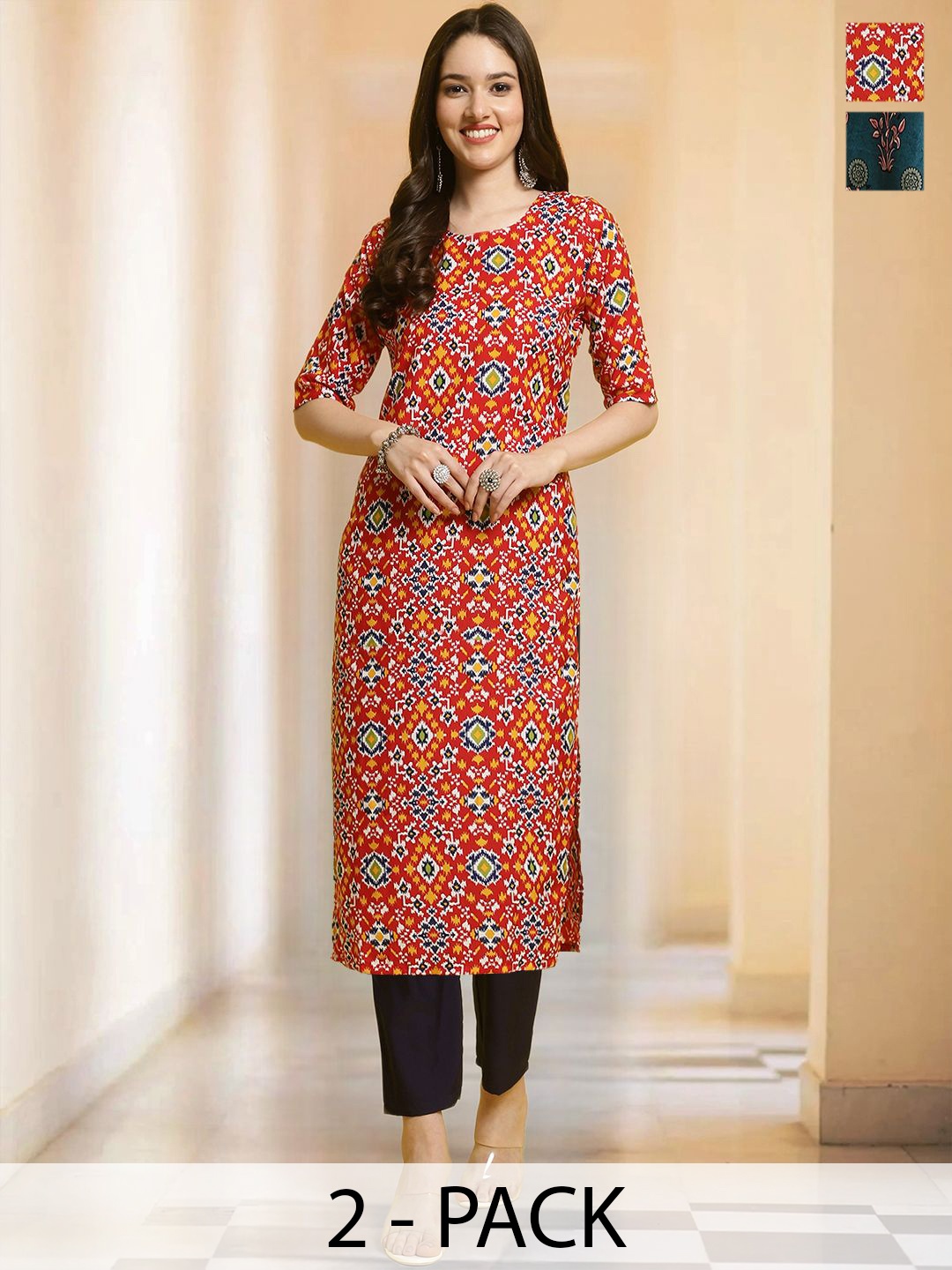 

7Threads Selection Of 2 Ethnic Motifs Printed Round Neck Straight Kurtas With Trousers, Red