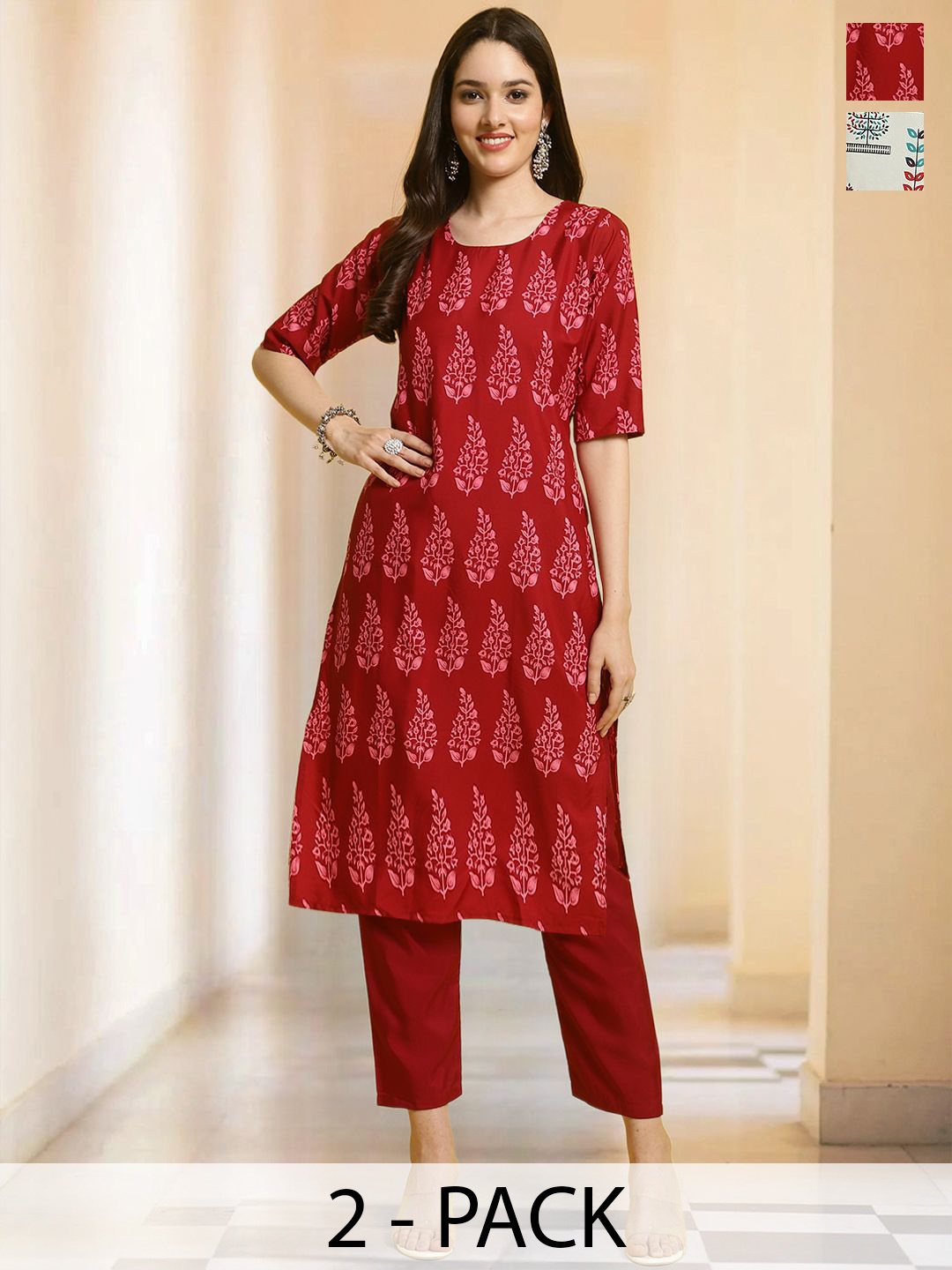 

7Threads Selection Of 2 Floral Printed Round Neck Straight Kurta With Trousers, Red