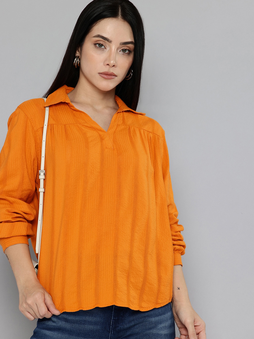 

Levis Self Striped Shirt Collar Top, Orange
