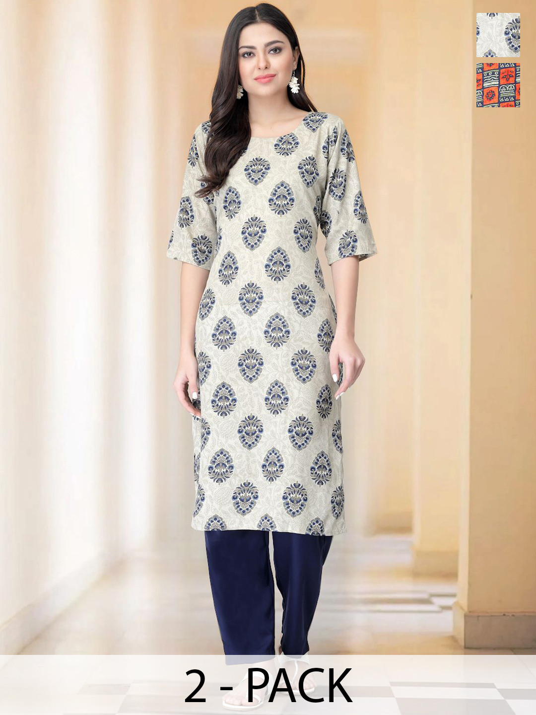 

7Threads Selection of 2 Floral Printed Round Neck Straight Kurtas With Trousers, Beige
