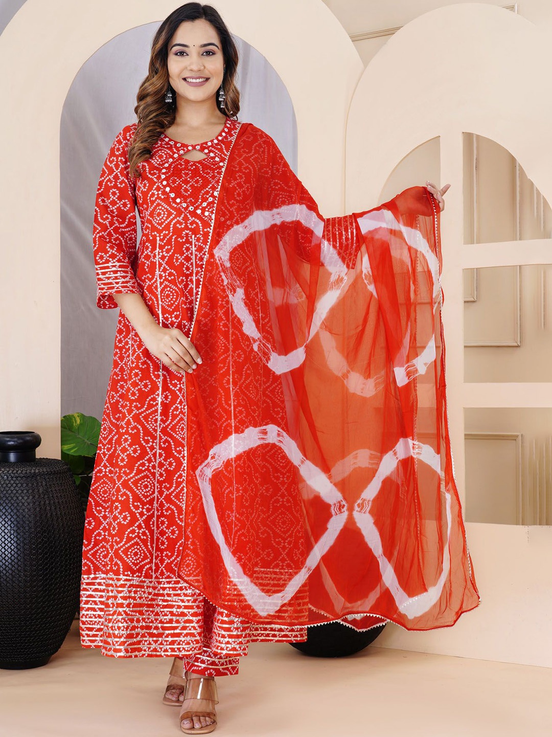 

L.H HANDICRAFTS Bandhani Printed Pure Cotton Anarkali Kurta With Trousers & Dupatta, Red