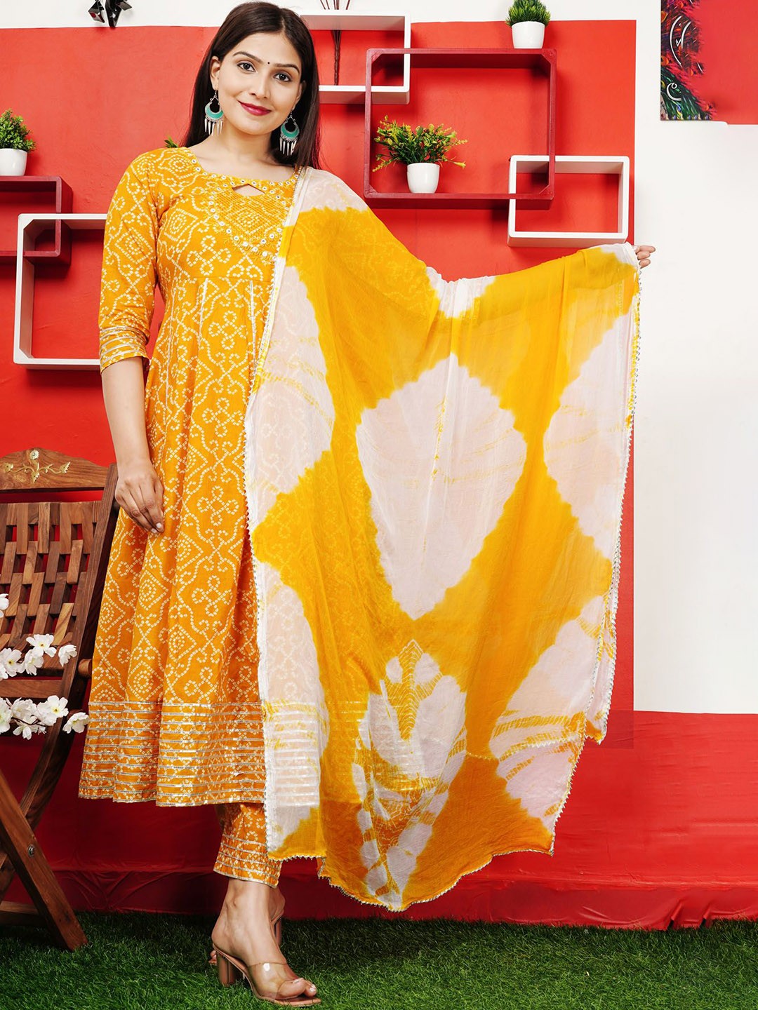 

L.H HANDICRAFTS Bandhani Printed Mirror Work Pure Cotton Kurta With Trouser And Dupatta, Yellow